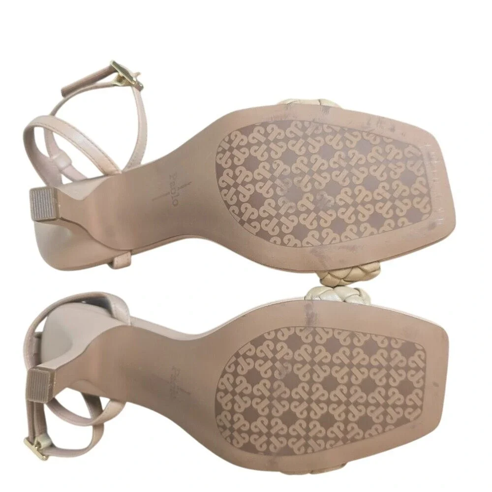 Paolo Women's Beige Braided Strap Square Toe Kitten Heel Sandals Size 8M